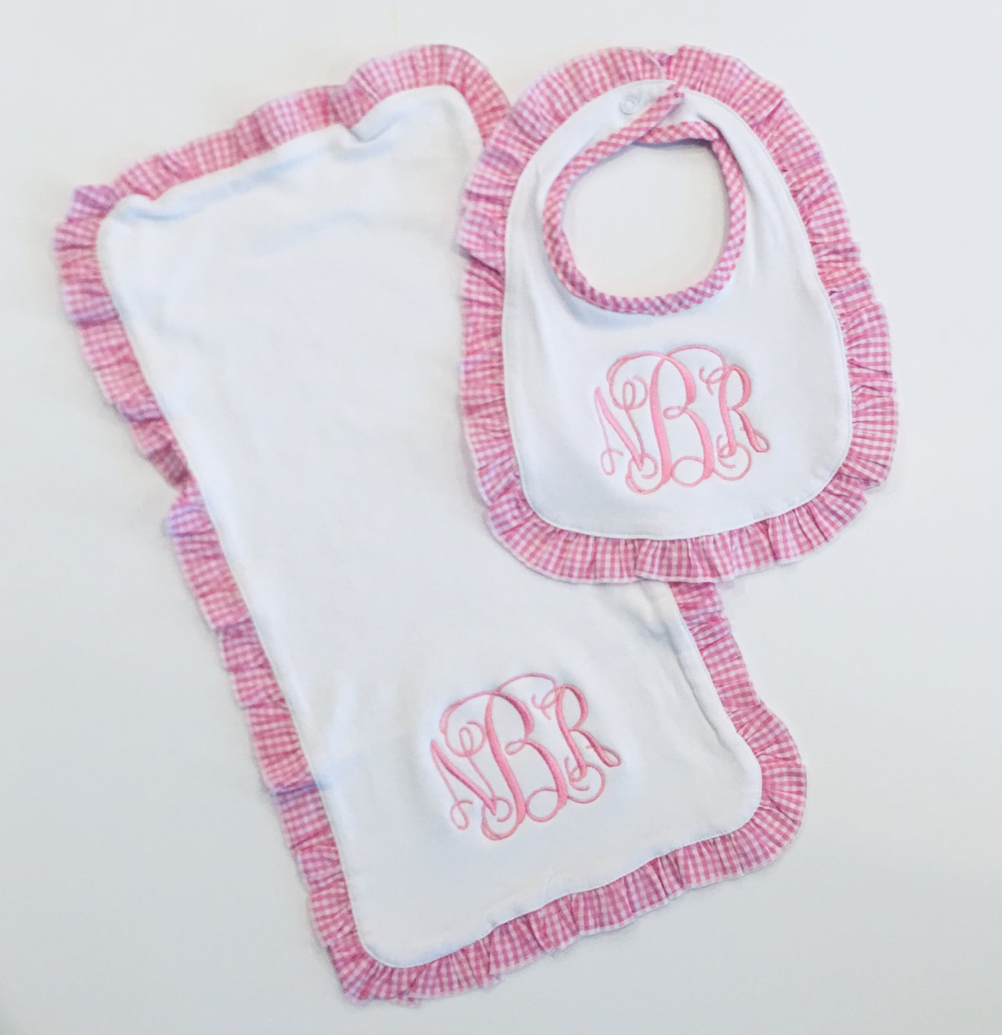 Gingham Ruffle Trim Burp - Pink