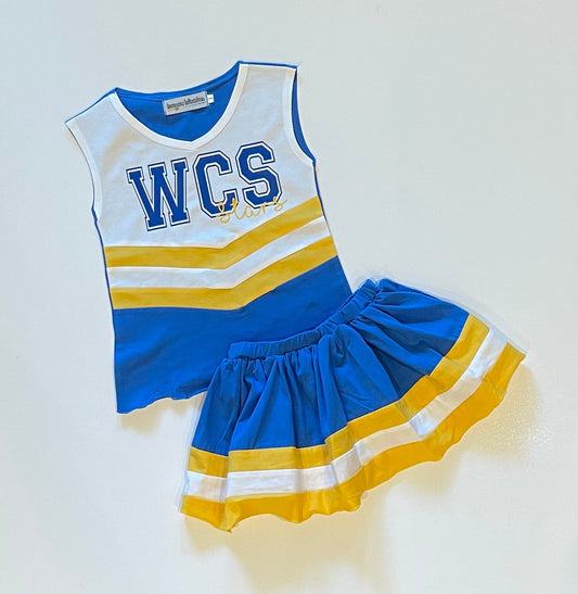 PRE-ORDER #15—Royal Blue/Gold/White Cheer Outfit - JULY Arrival