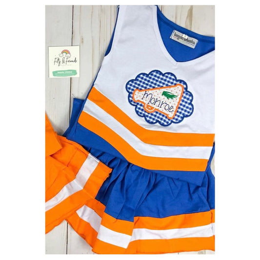 PRE-ORDER #10—Royal Blue/Orange/White Cheer Outfit - JULY Arrival